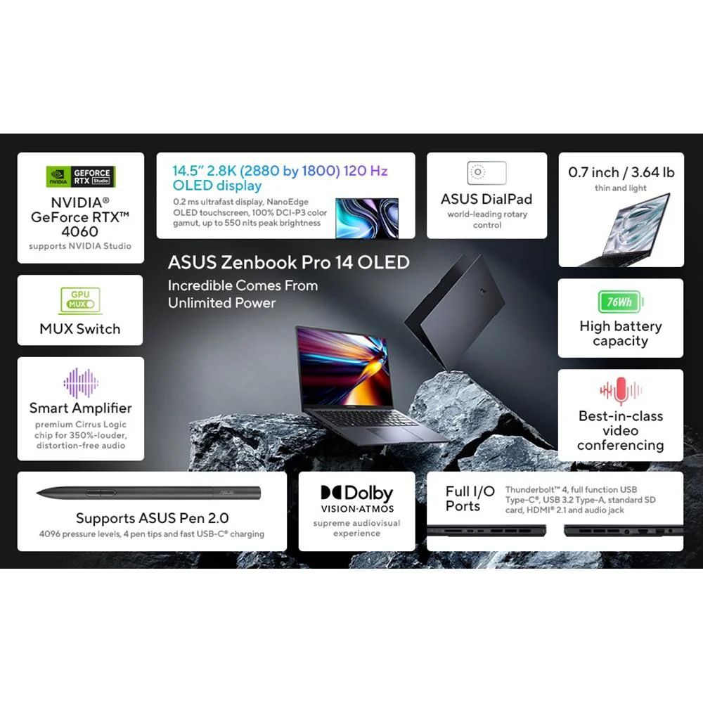 Asus 14.5" Zenbook Pro 14 OLED Laptop in Tech Black - UX6404VV-DS94T - Image 11