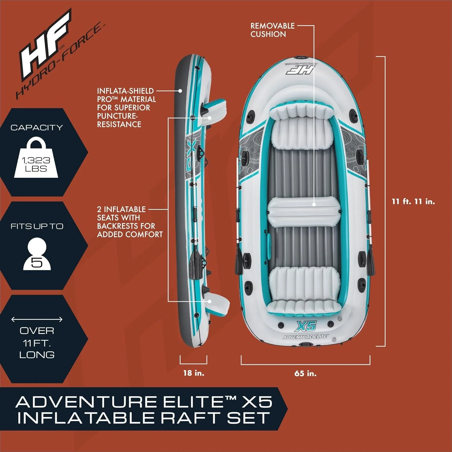 Bestway Hydro-Force Adventure Elite X5 Inflatable Raft Set 11'11 Great for Ponds & Lakes - Image 4