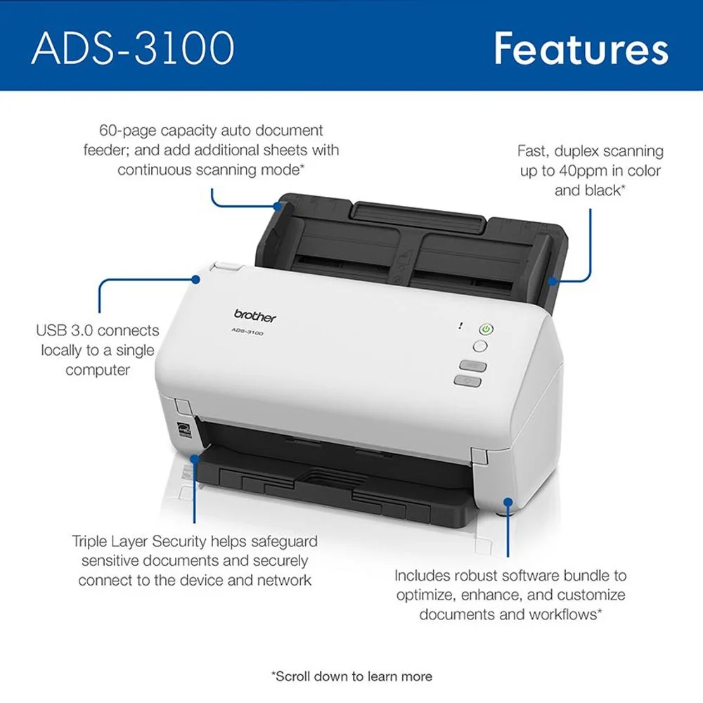 Brother High-Speed Desktop Scanner in White - ADS3100 - Image 2