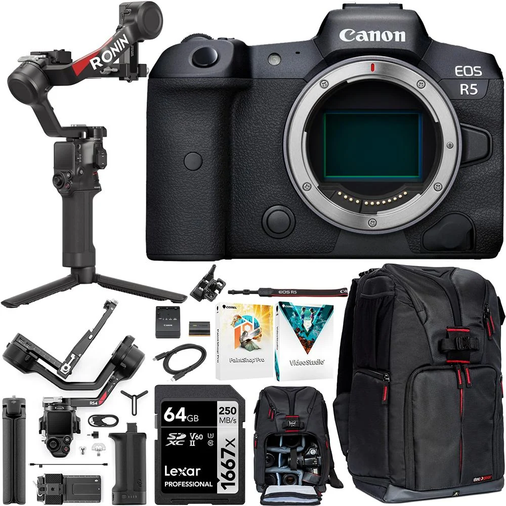 Canon EOS R5 Mirrorless Camera Body, 45MP IBIS & 8K Video + DJI RS 4 Gimbal Stabilizer