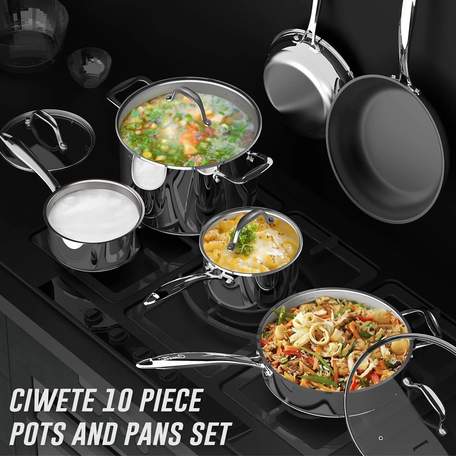 Ciwete 10-Piece Stainless Steel Pots and Pans Induction Cookware Set - Image 2