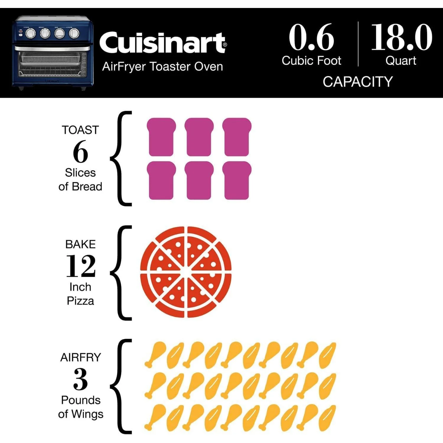 Cuisinart TOA-70 AirFryer Toaster Convection Oven with Grill, Navy Blue, (Refurbished) - Image 5