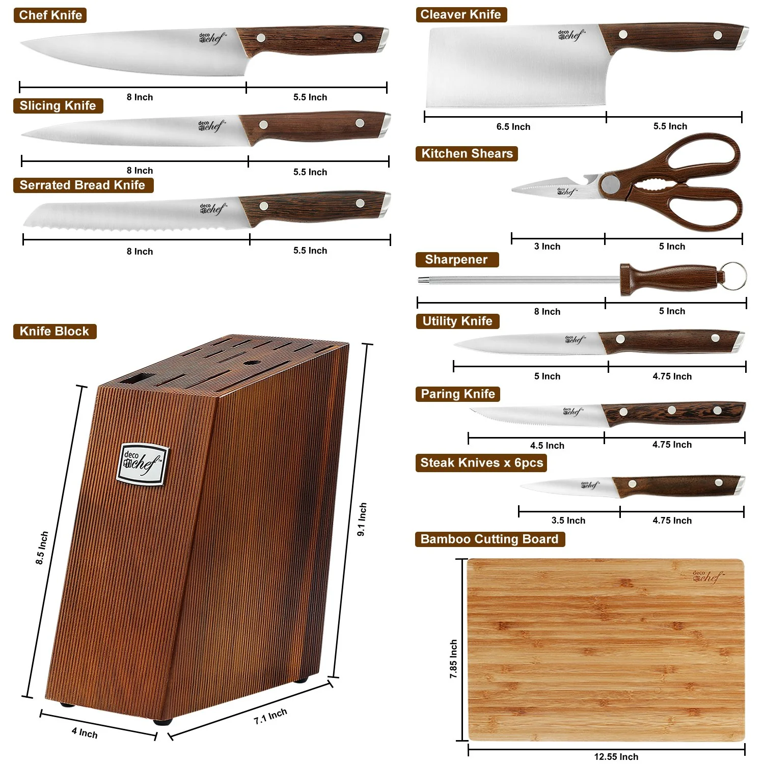 Deco Chef 16 Piece Kitchen Knife Set with Shears, Cutting Board with Cut Resistant Gloves - Image 2