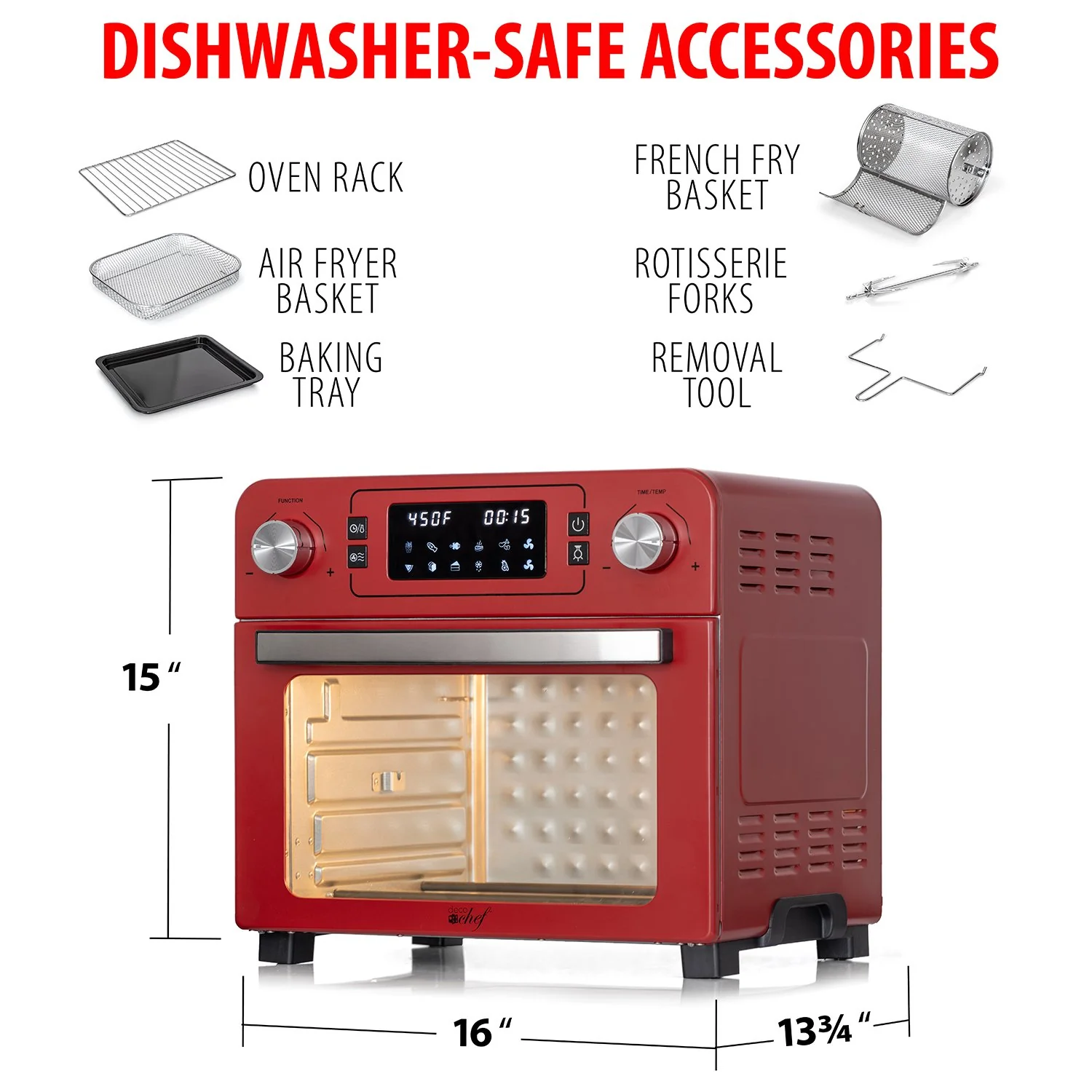 Deco Chef 24QT Stainless Steel Countertop Toaster Air Fryer Oven Red +6Pcs Knife Set Black - Image 9