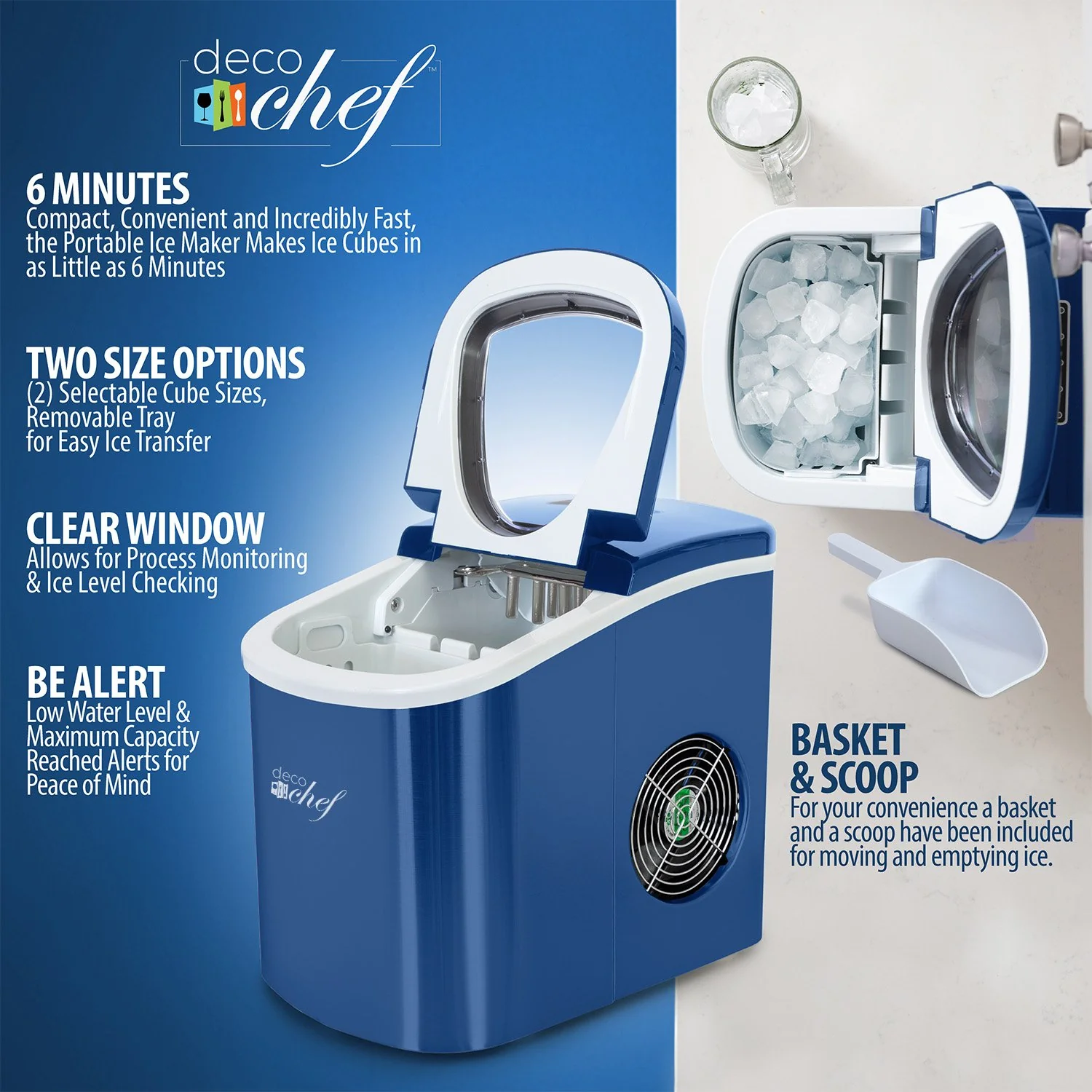 Deco Chef Blue Compact Electric Ice Maker | (IMBLU) | Top Load | 26 Lbs Per Day - Image 10