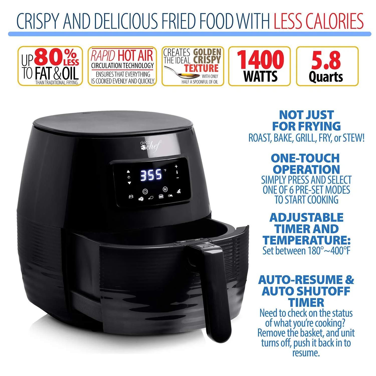 Deco Chef Digital 5.8QT Electric Air Fryer For Healthy Frying - Black - Refurbished - Image 17