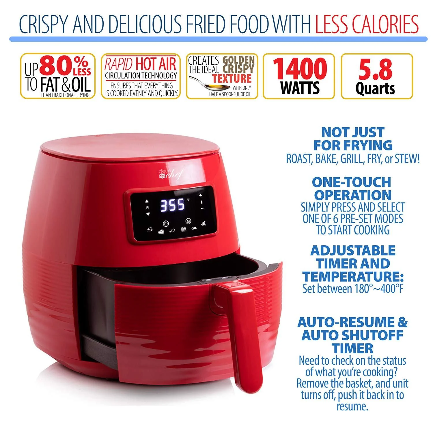Deco Chef Digital 5.8QT Electric Air Fryer - Healthier & Faster Cooking - Red - Image 16