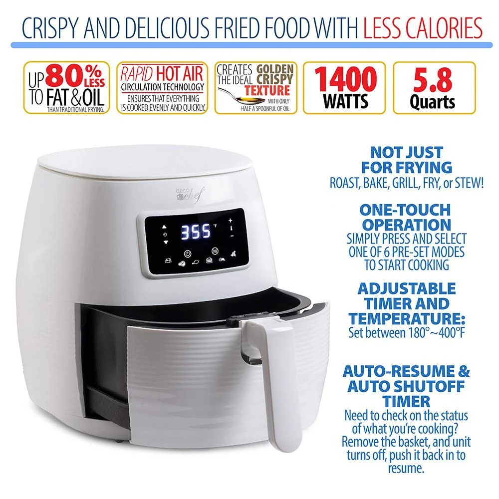 Deco Chef Digital 5.8QT Electric Air Fryer - Healthier & Faster Cooking - White - Open Box - Image 3