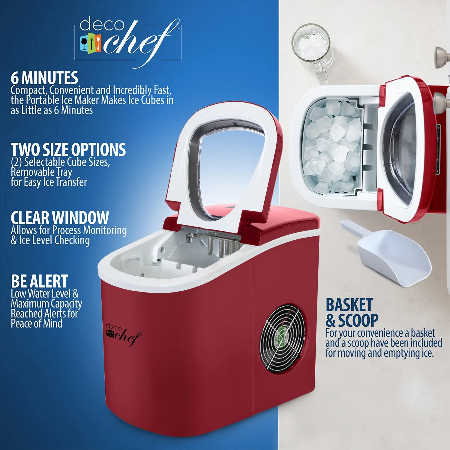 Deco Chef Red Compact Electric Ice Maker | (IMRED) | Top Load | 26 Lbs Per Day - Image 15