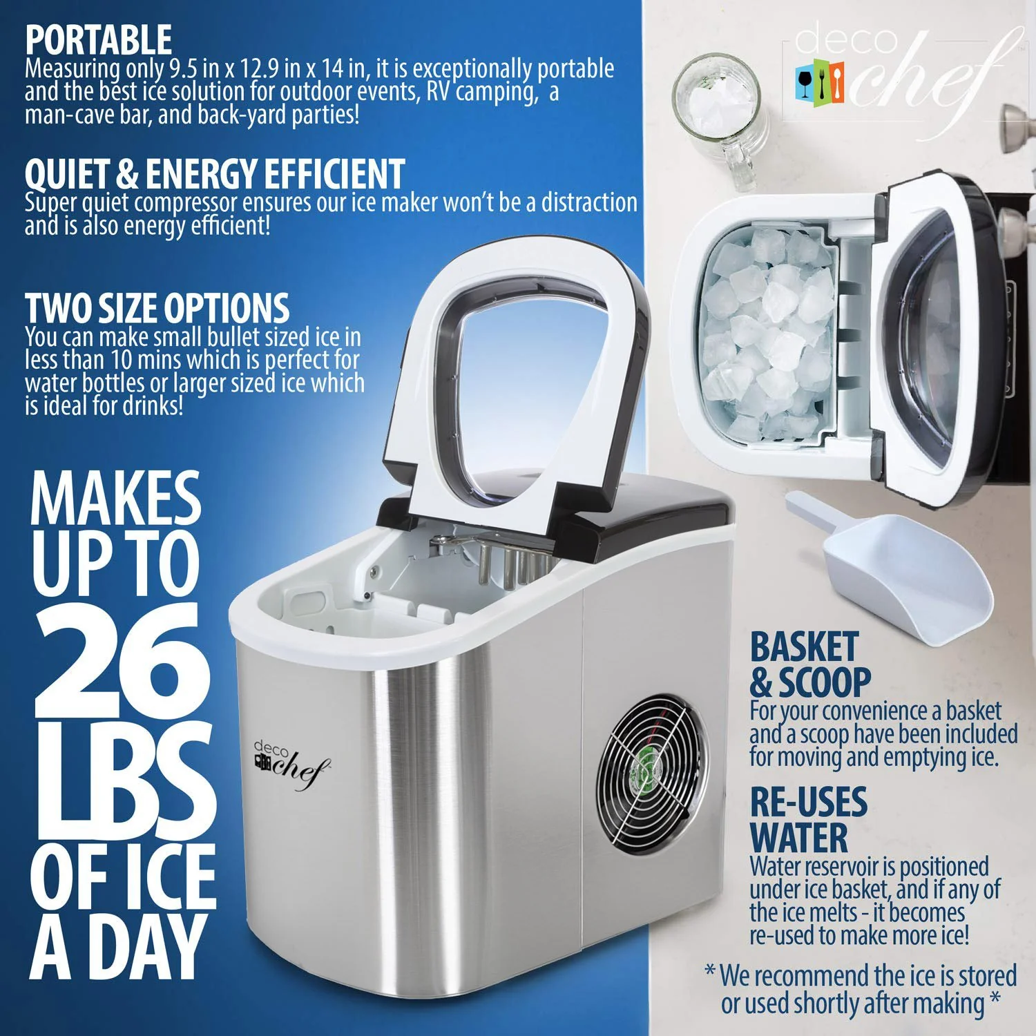 Deco Chef Stainless Steel Electric Top Load Ice Maker with The Smoothies Bible Recipe Book - Image 2