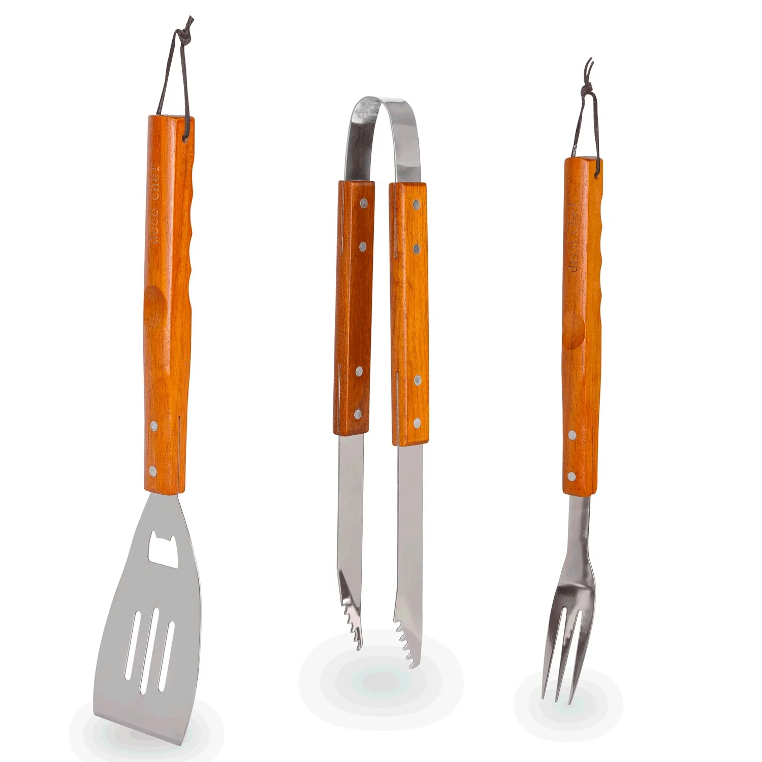 Deco Essentials 3 Piece BBQ Tool Set with Custom Blue Apron, Spatula, Tongs, Fork and Oven Mitt - Image 4