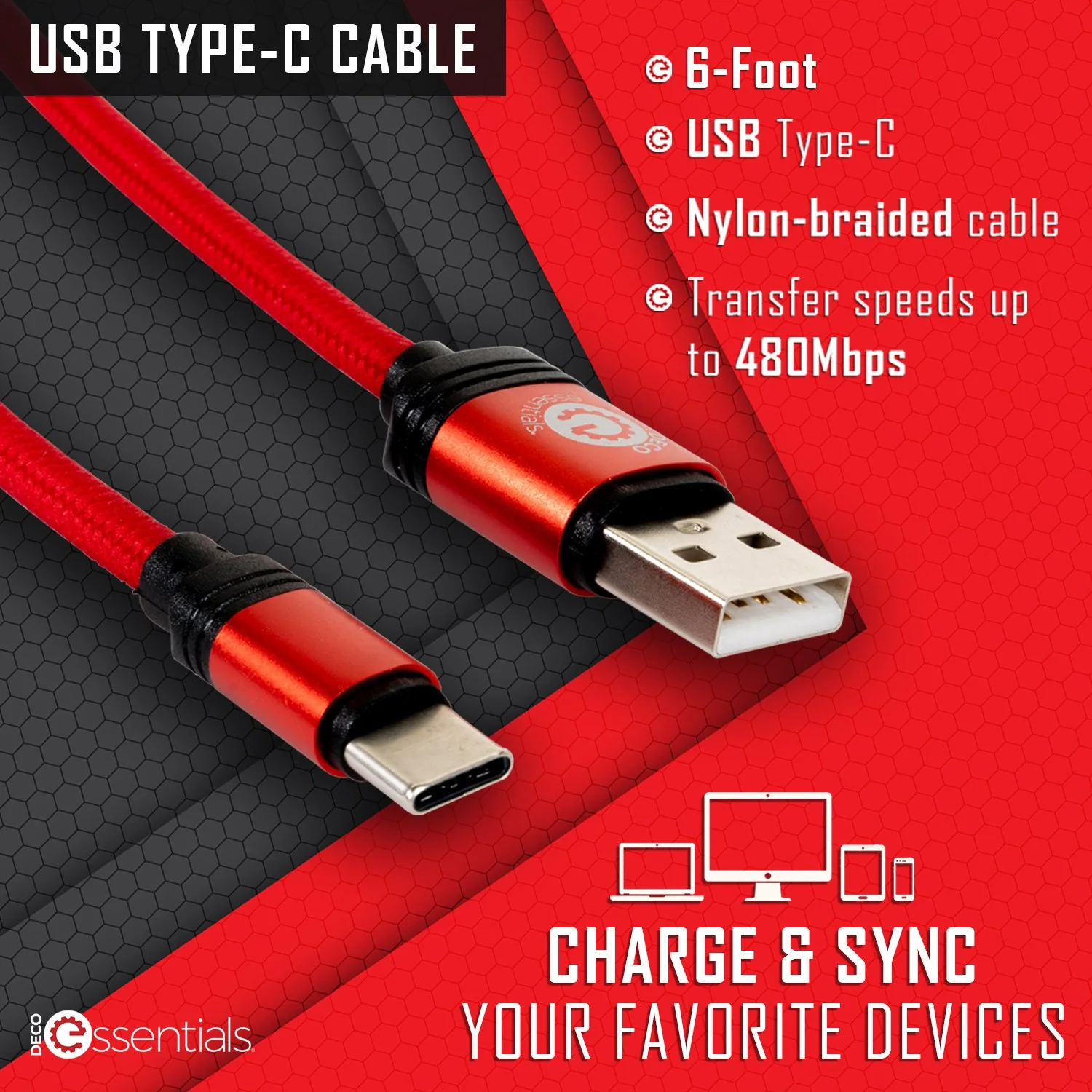 Deco Essentials 6FT Braided Type-C Charge & Sync USB Cable | Transfer Speeds Up to 480Mbps - Image 7