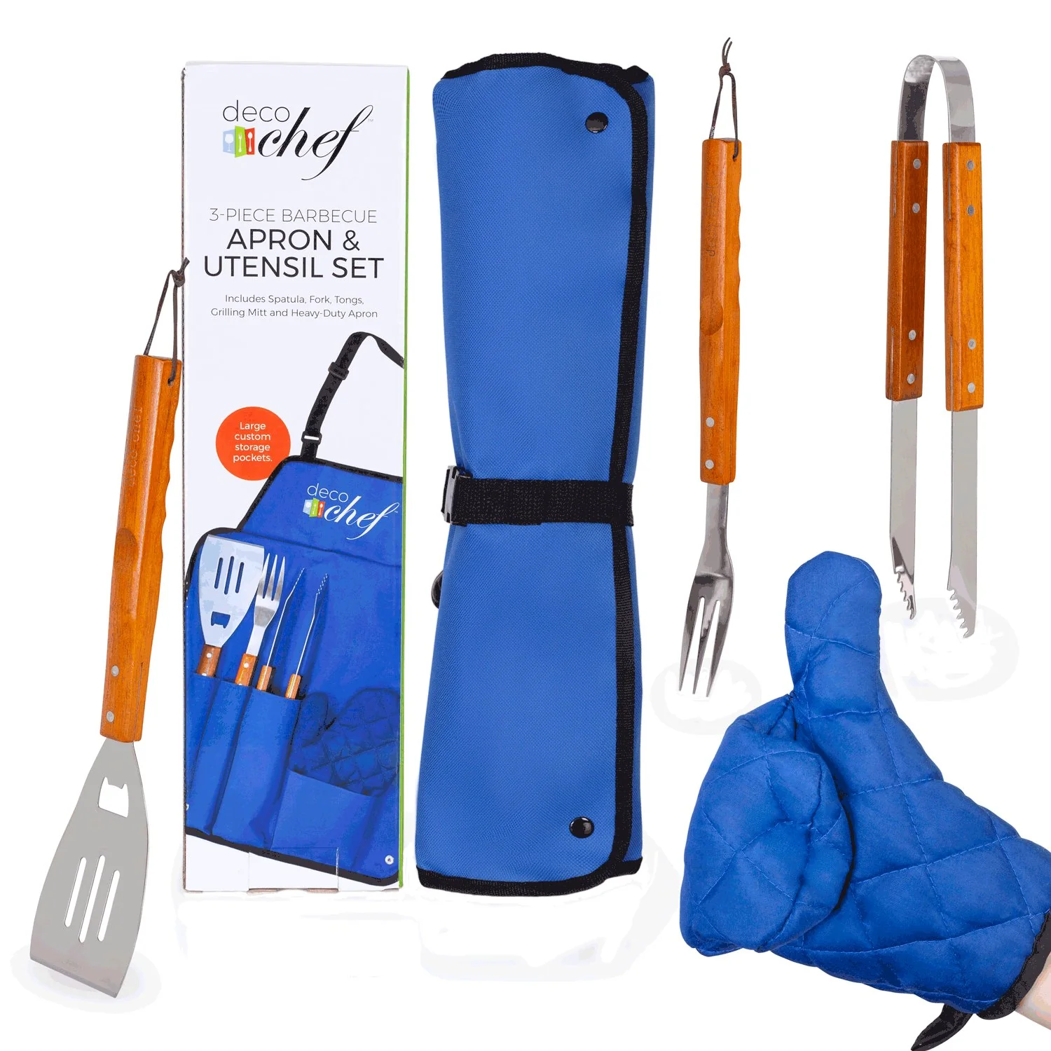 Deco Gear 5 Piece BBQ Tool Set with Custom Blue Apron, Spatula, Tongs, Fork and Oven Mitt - Image 5
