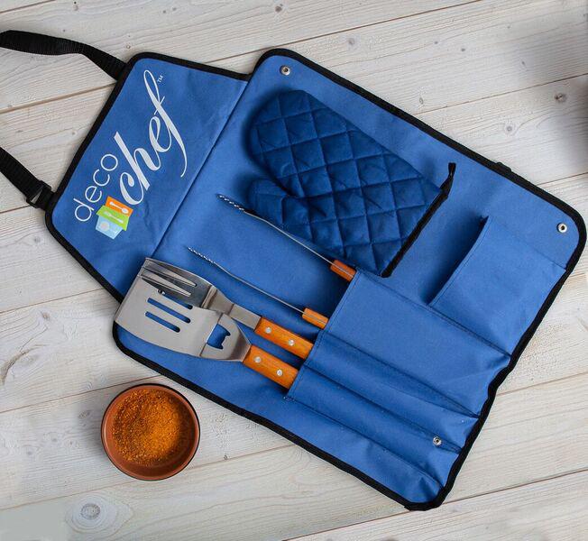 Deco Gear 5 Piece BBQ Tool Set with Custom Blue Apron, Spatula, Tongs, Fork and Oven Mitt - Image 9
