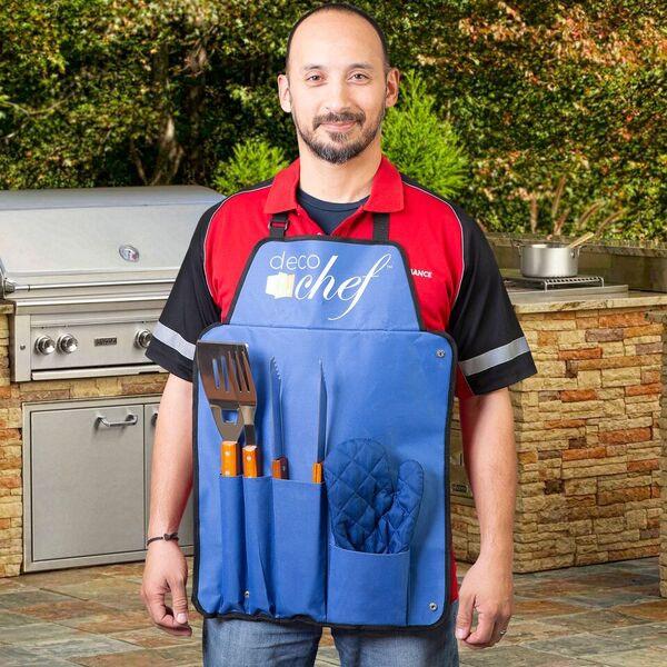 Deco Gear 3 Piece BBQ Tool Set with Custom Blue Apron, Spatula, Tongs, Fork and Oven Mitt - Image 11