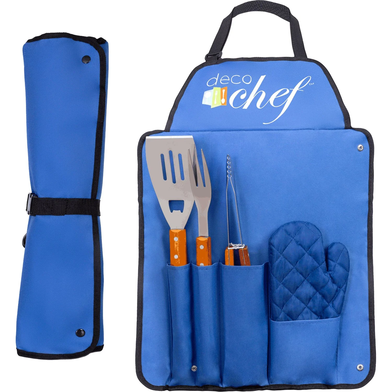 Deco Gear 3 Piece BBQ Tool Set with Custom Blue Apron, Spatula, Tongs, Fork and Oven Mitt - Image 2