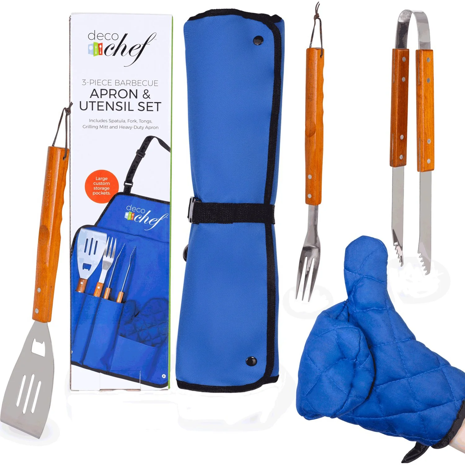 Deco Gear 3 Piece BBQ Tool Set with Custom Blue Apron, Spatula, Tongs, Fork and Oven Mitt - Image 3