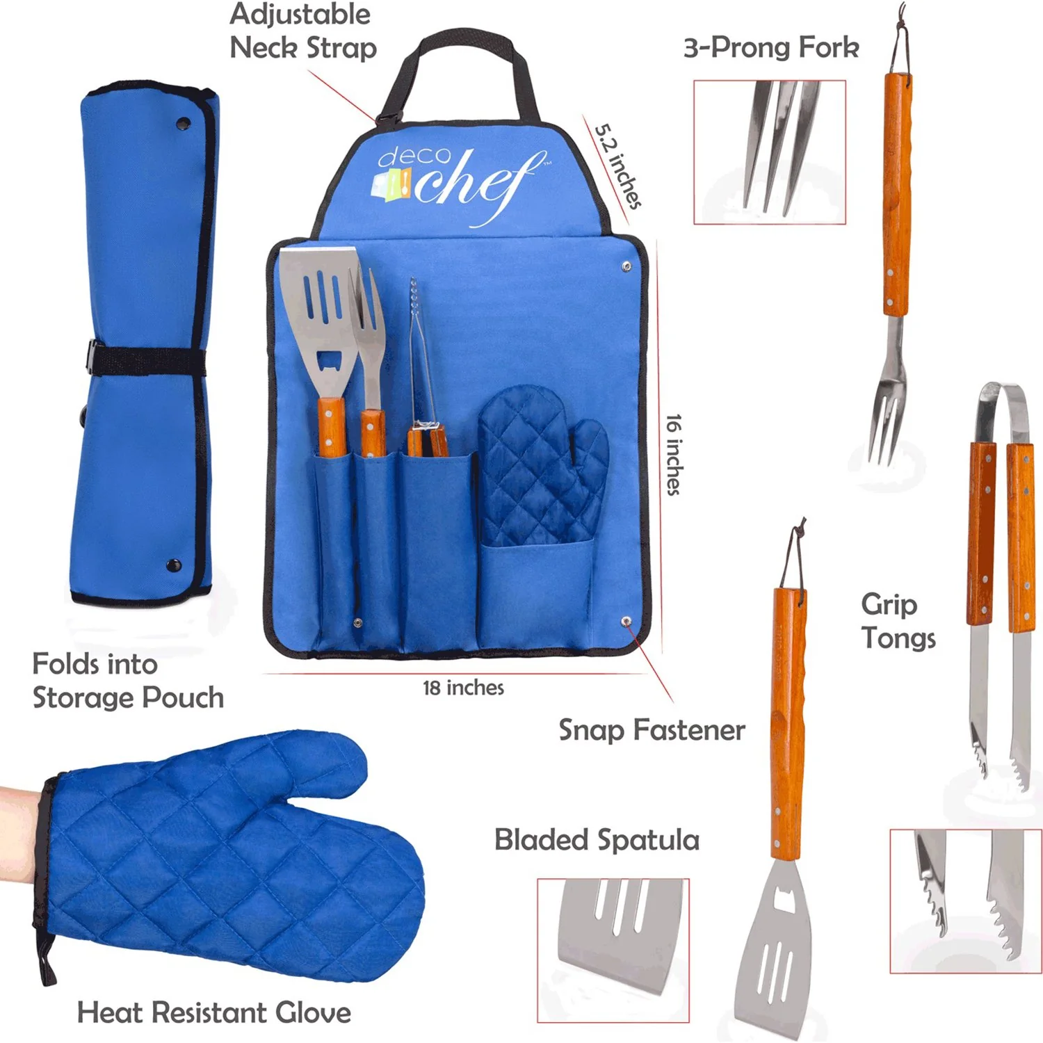 Deco Gear 3 Piece BBQ Tool Set with Custom Blue Apron, Spatula, Tongs, Fork and Oven Mitt - Image 4