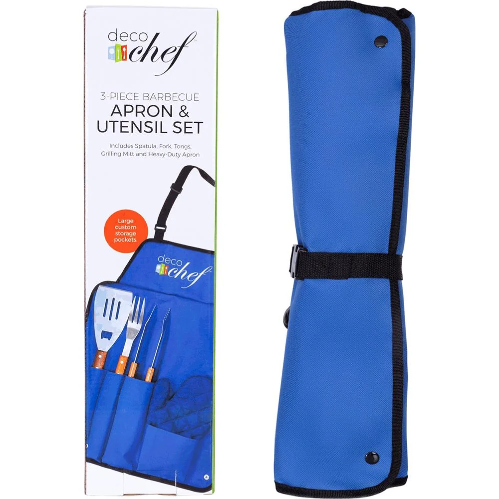 Deco Gear 3 Piece BBQ Tool Set with Apron, Spatula, Tongs, Fork & Mitt Open Box - Image 4