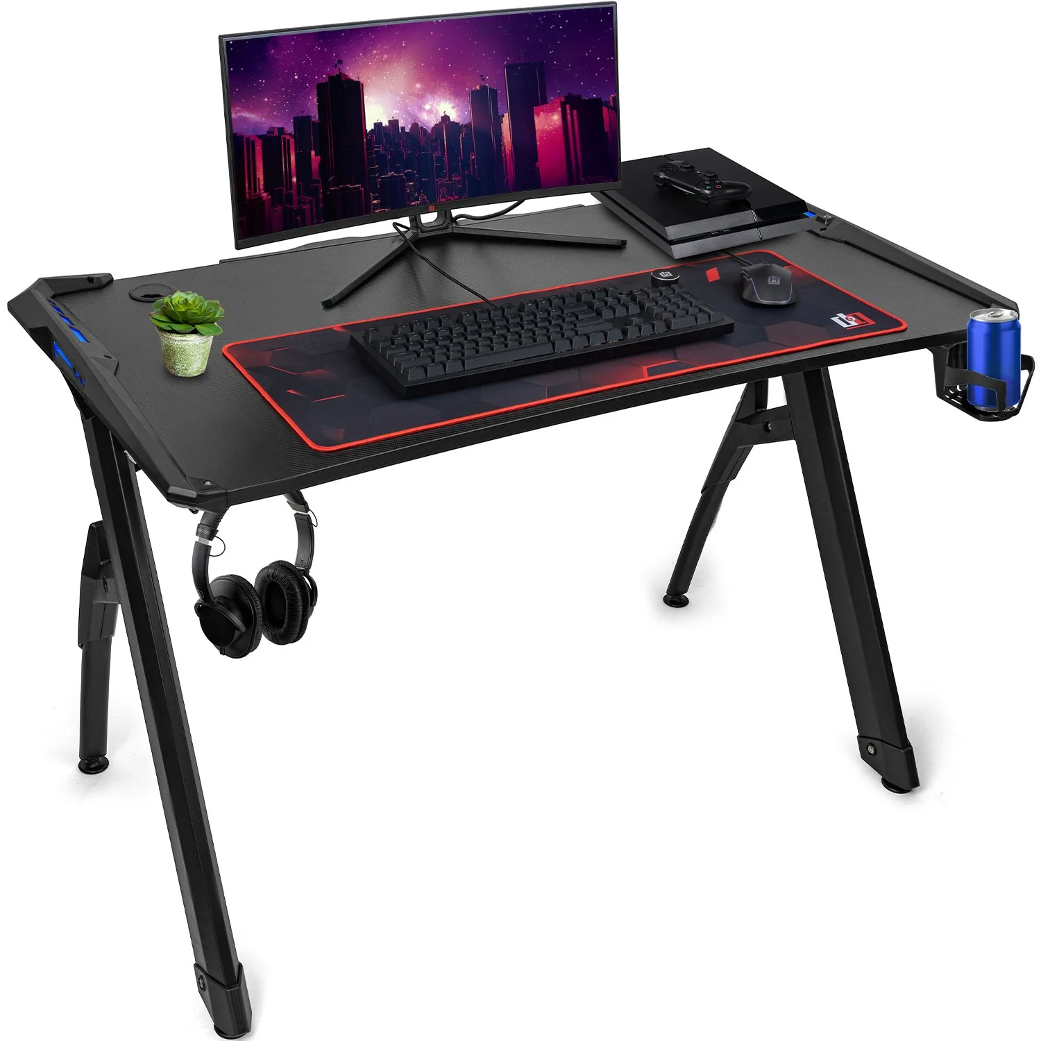 Deco Gear 47" LED Gaming Desk, Carbon Fiber Surface, Cable Management, Headphone Hook