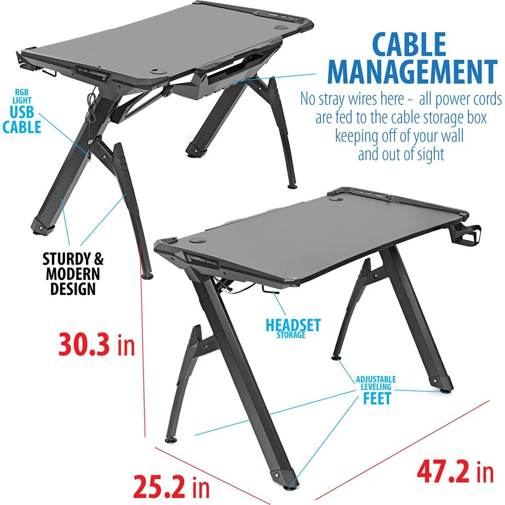 Deco Gear 47" LED Gaming Desk, Carbon Fiber Surface, Cable Management Open Box - Image 4