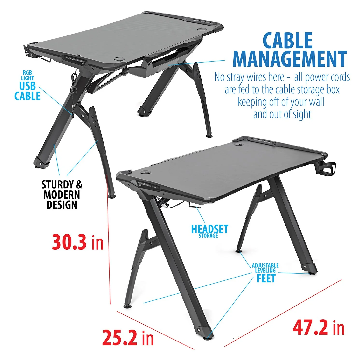 Deco Gear 47" LED Gaming Desk, Carbon Fiber Surface, Cable Management, Headphone Hook - Image 5