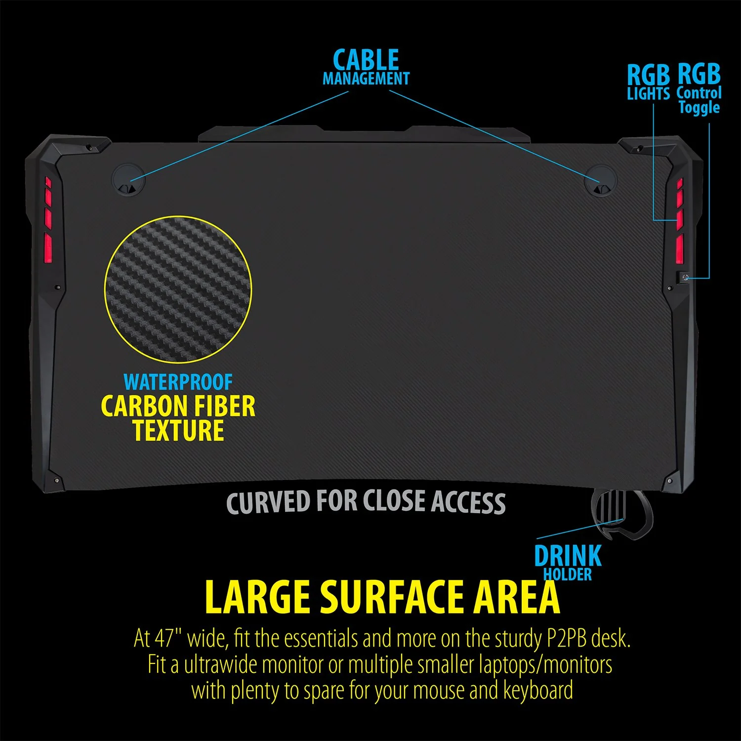 Deco Gear 47" LED Gaming Desk, Carbon Fiber Surface, Cable Management, Headphone Hook - Image 6