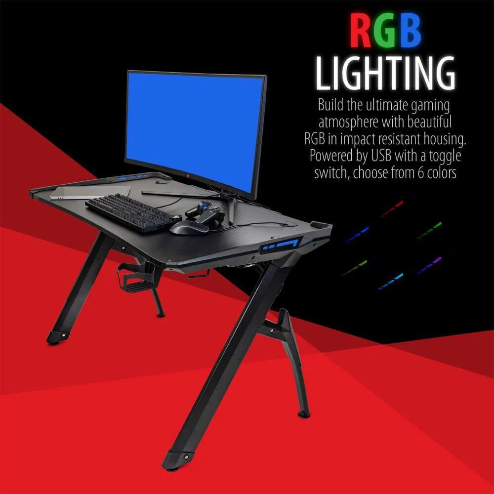 Deco Gear 47" LED Gaming Desk, Carbon Fiber Surface with Gaming Chair (White) Bundle - Image 3