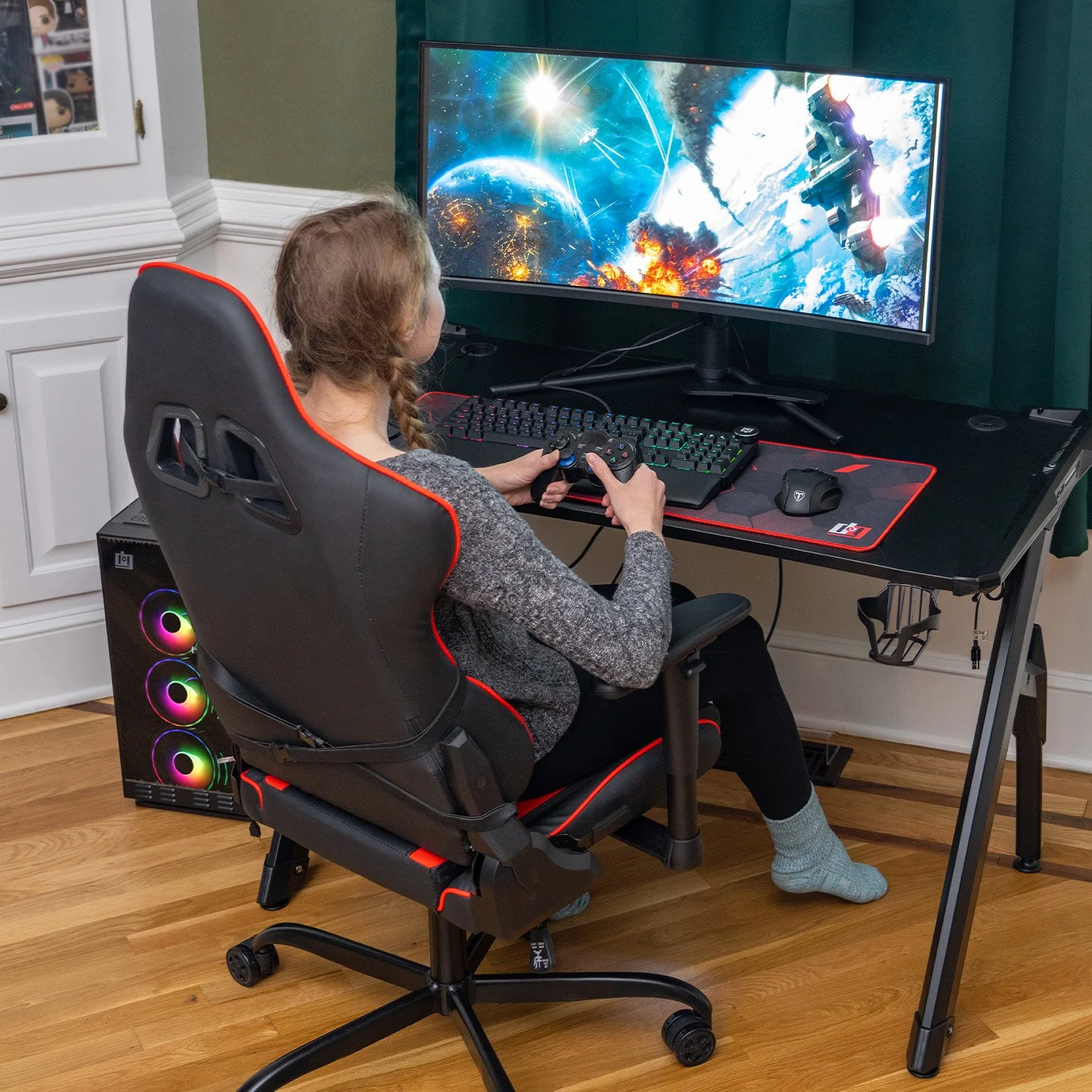 Deco Gear 47" LED Gaming Desk, Red Computer Chair, RGB Mouse and Mechanical Keyboard - Image 5