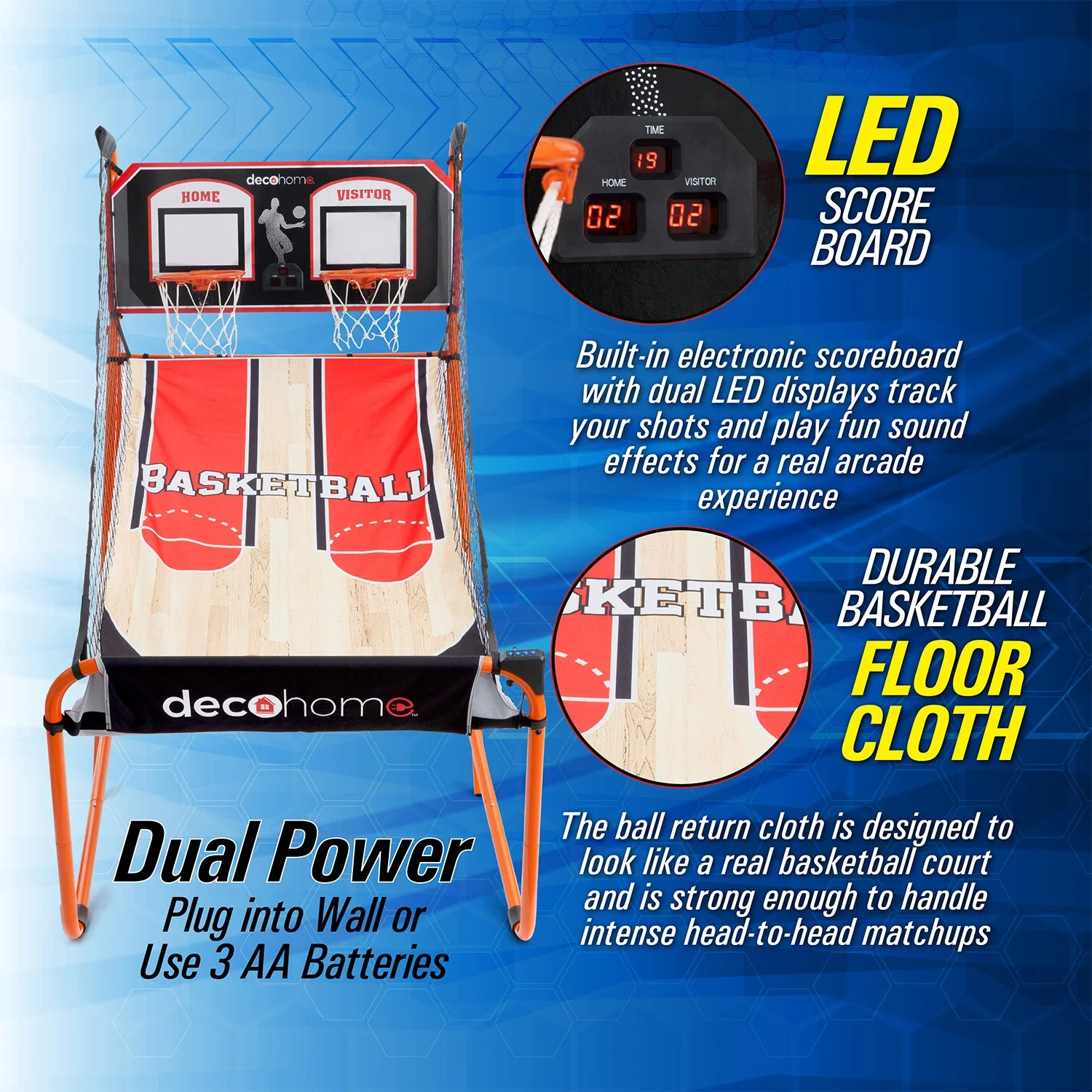Deco Gear Arcade Basketball Game, Indoor 1-4 Player, LED Scoreboard, 8 Game Modes, 5 Balls - Image 3