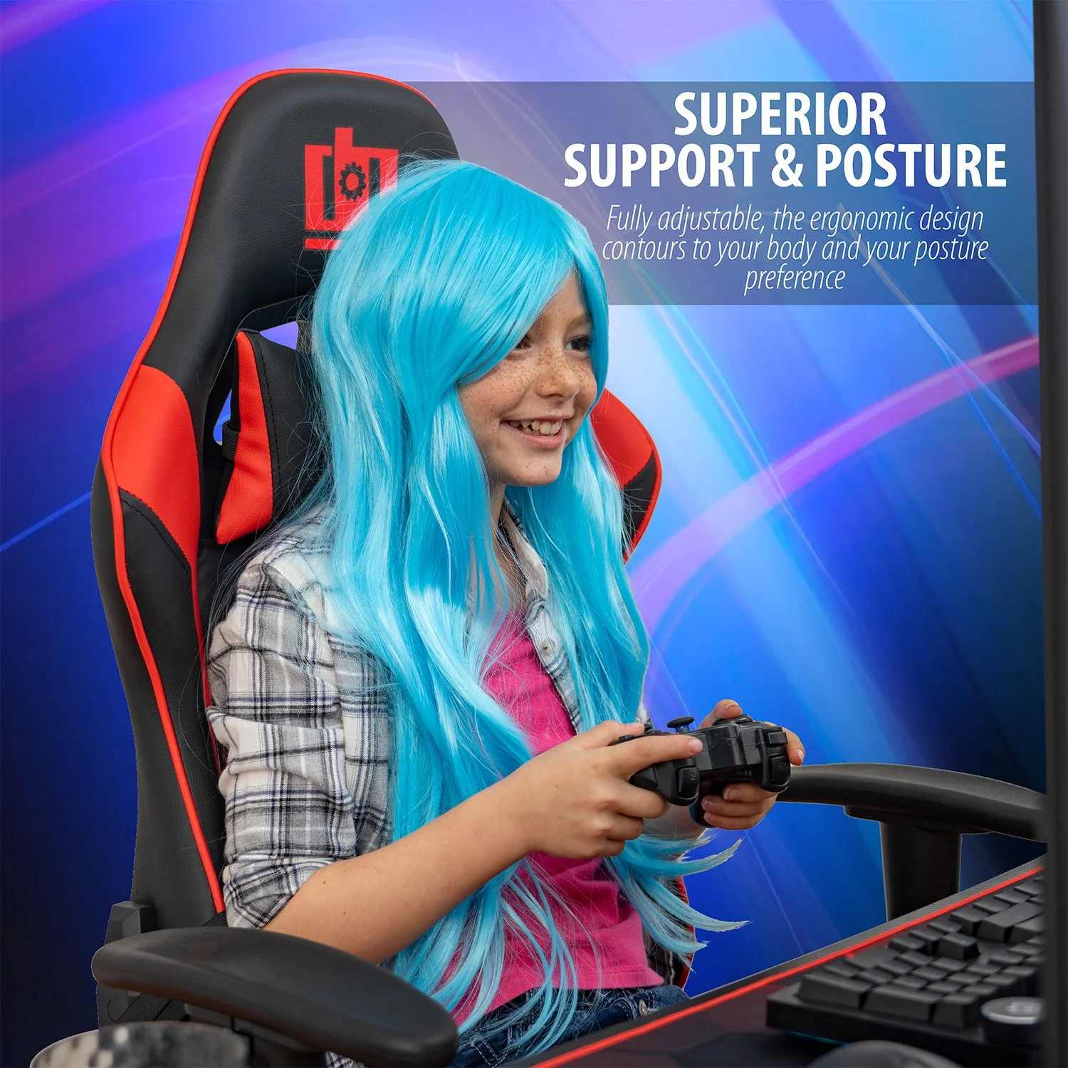Deco Gear Ergonomic Foam Gaming Chair with Adjustable Head and Lumbar Support, Red - Image 4