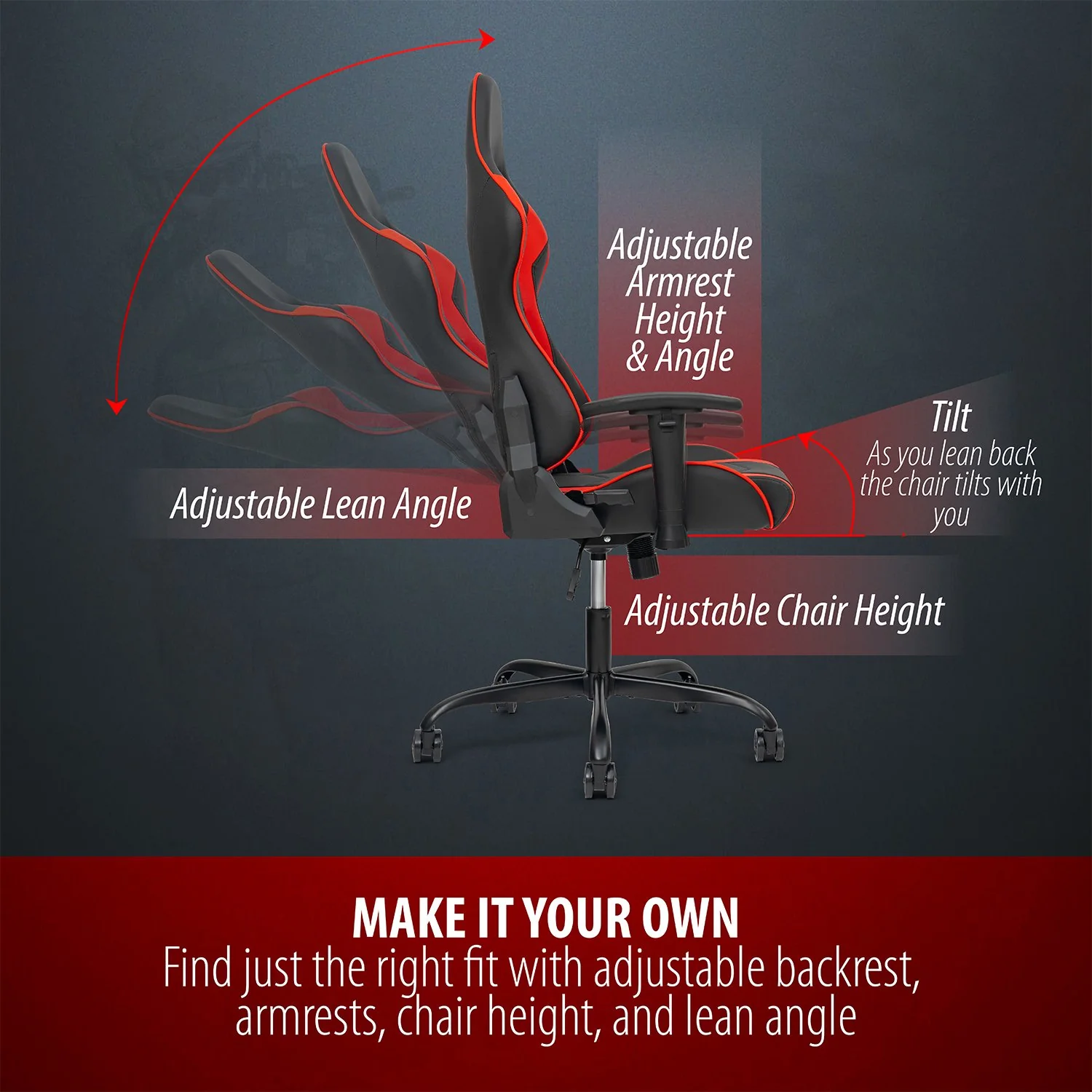 Deco Gear Ergonomic Foam Gaming Chair with Adjustable Head and Lumbar Support, Red - Image 9