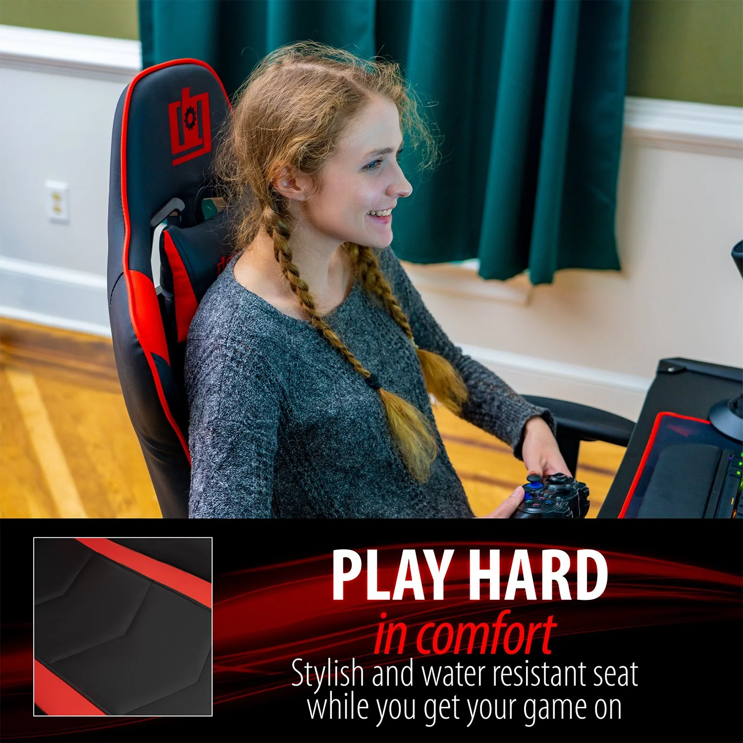 Deco Gear Ergonomic Red Gaming Chair, Head and Lumbar Support with 4 Mode Streaming Mic - Image 4