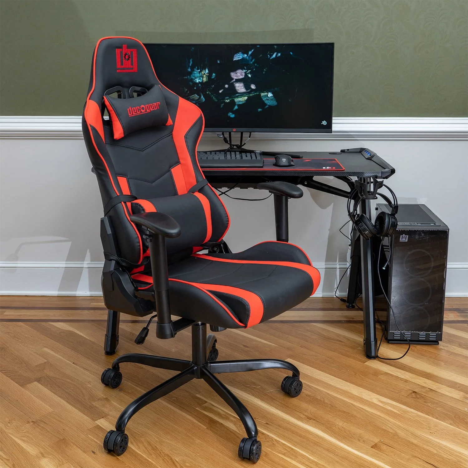 Deco Gear Ergonomic Red Gaming Chair, Head, Lumbar Support, with Mechanical Keyboard - Image 4
