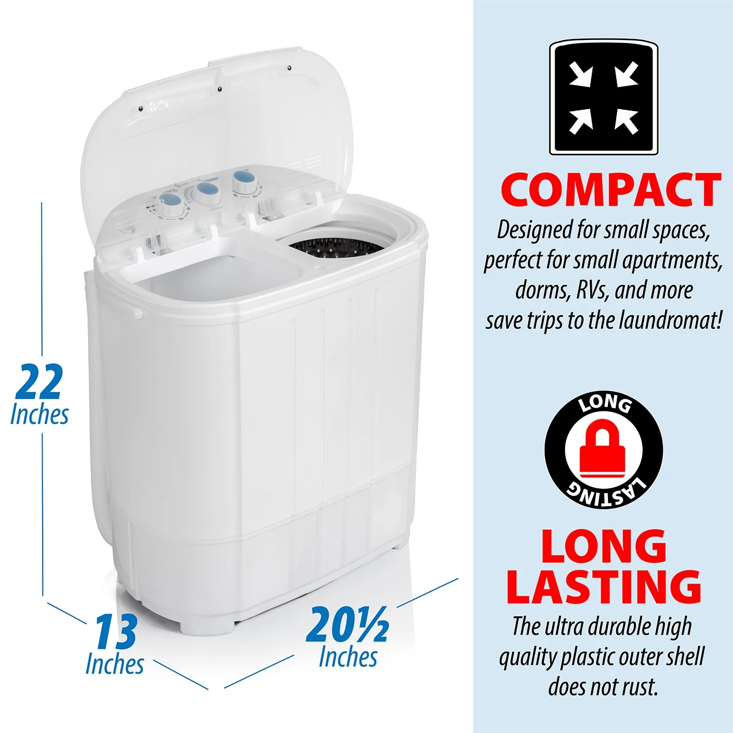 Deco Gear Compact Twin Tub Washing Machine, Agitation Wash and Spin Dry, Portable Design - Image 9