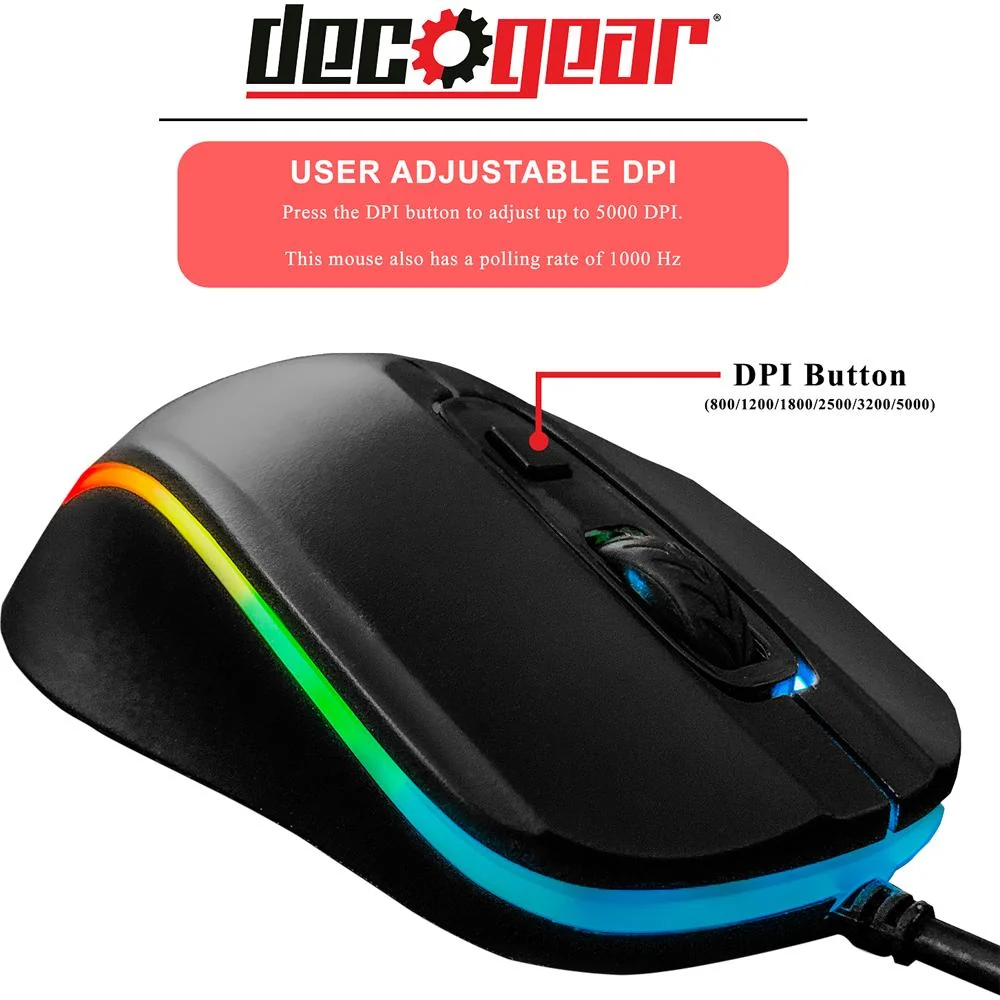 Deco Gear Wired Gaming Mouse - 800-5000 DPI Adjustable - 11 RGB Modes - DGGMOUS - Open Box - Image 12
