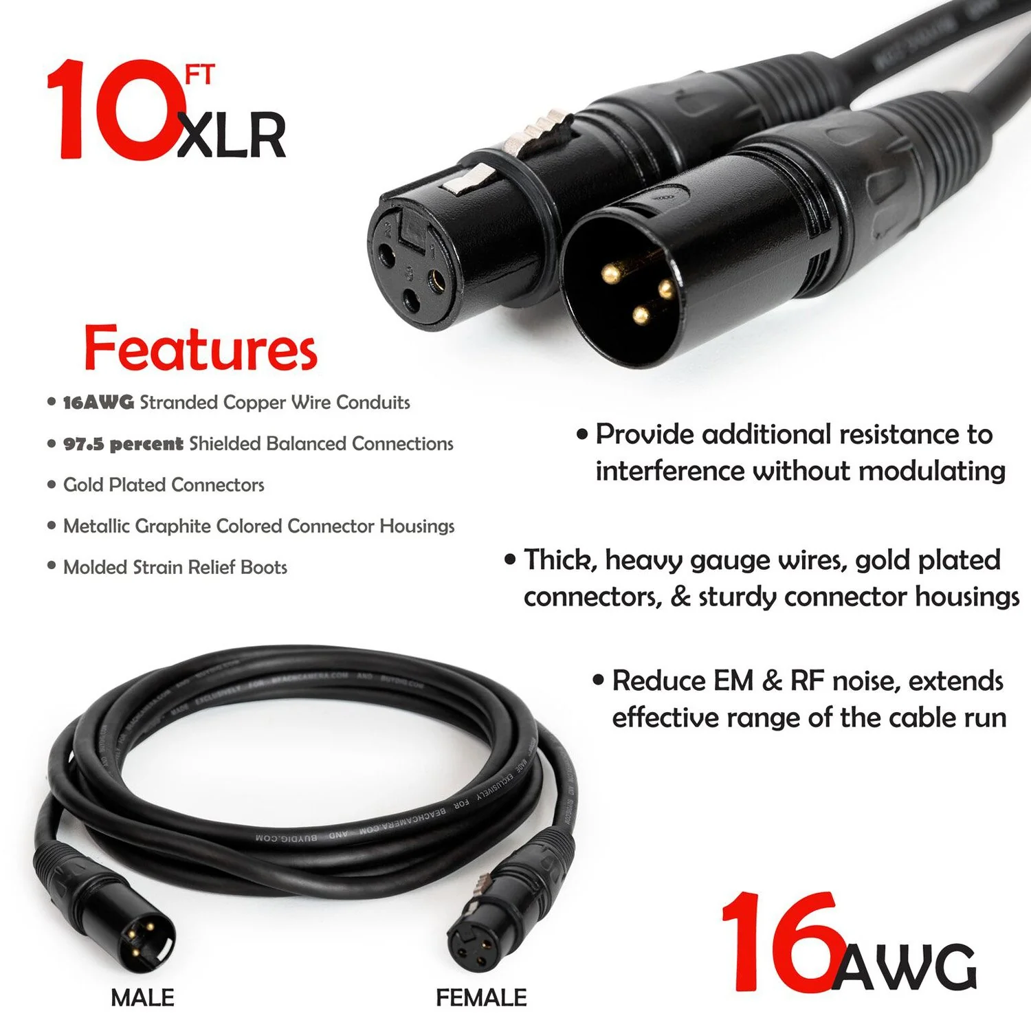Deco Gear XLR 10' Male to XLR Female 16AWG Gold Plated Cable (4-Pack) - Image 3