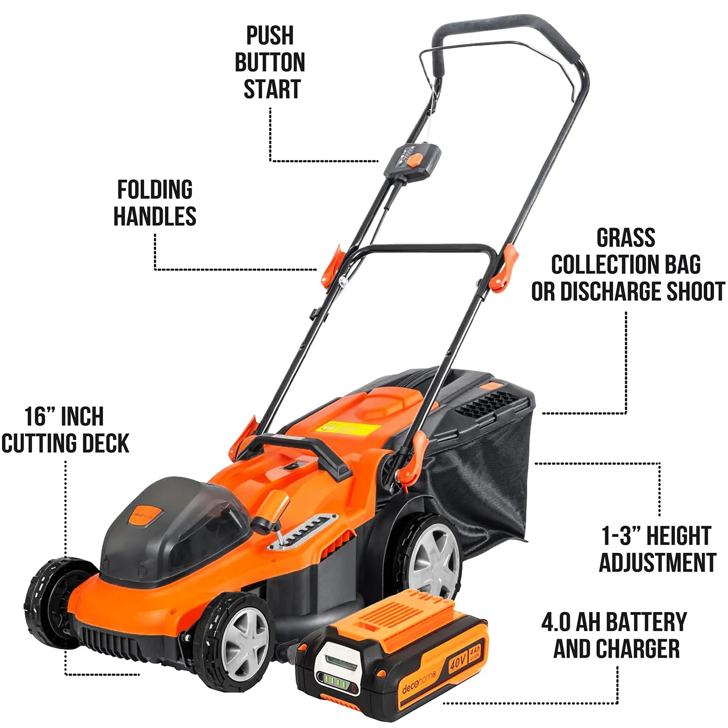Deco Home Cordless Lawn Mower 16" Deck, 40V Battery, Push Start, 45L Grass Bag, Side Chute - Image 4