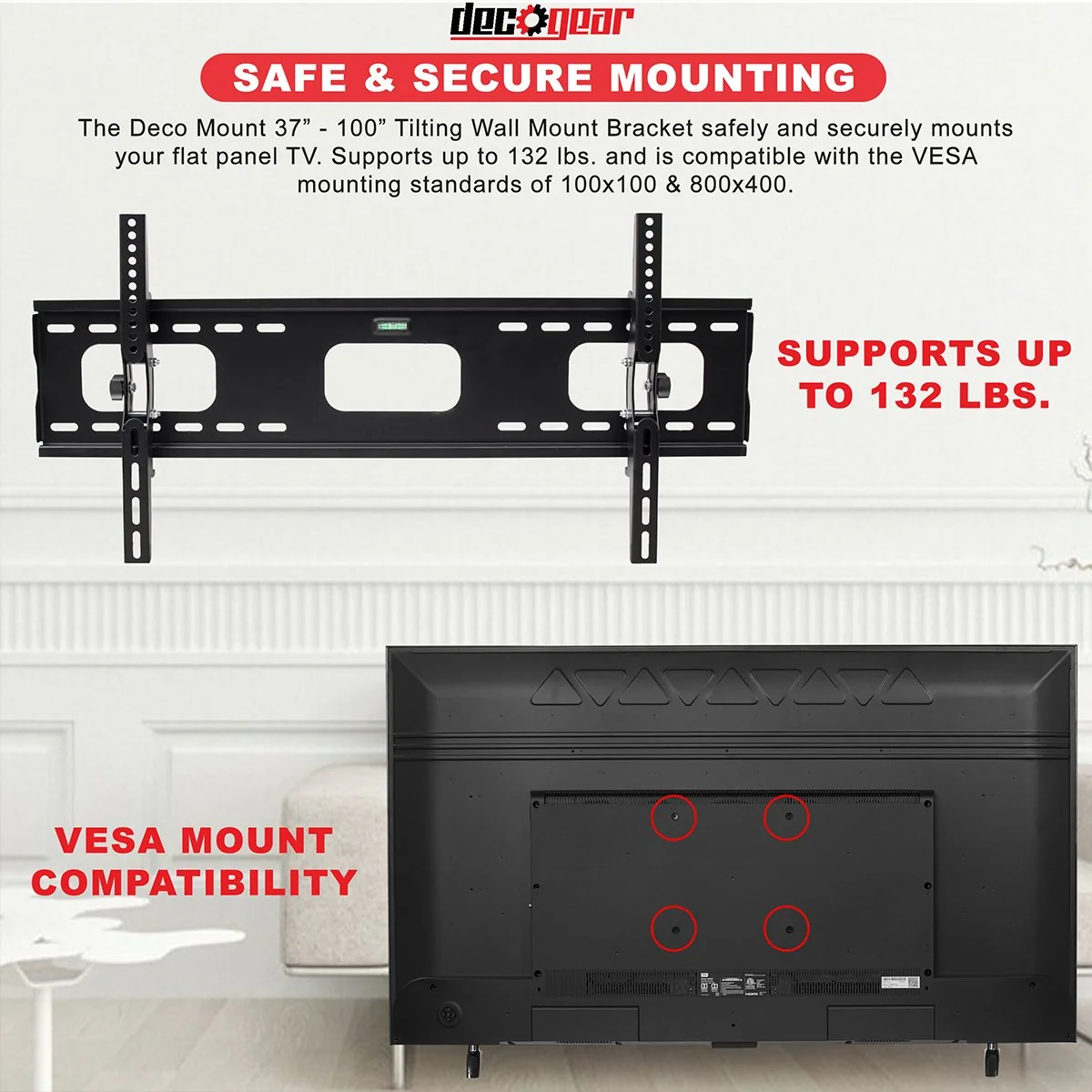 Deco Mount 37" - 100" TV Wall Mount Bracket with Tilt Function, Universal Mounting Hardware - Image 8