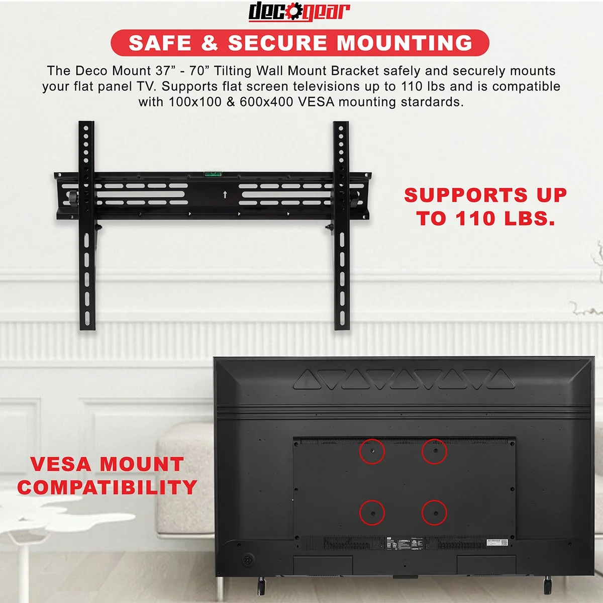 Deco Mount 37" - 70" TV Wall Mount Bracket with Tilt Function, Universal Mounting Hardware - Image 7