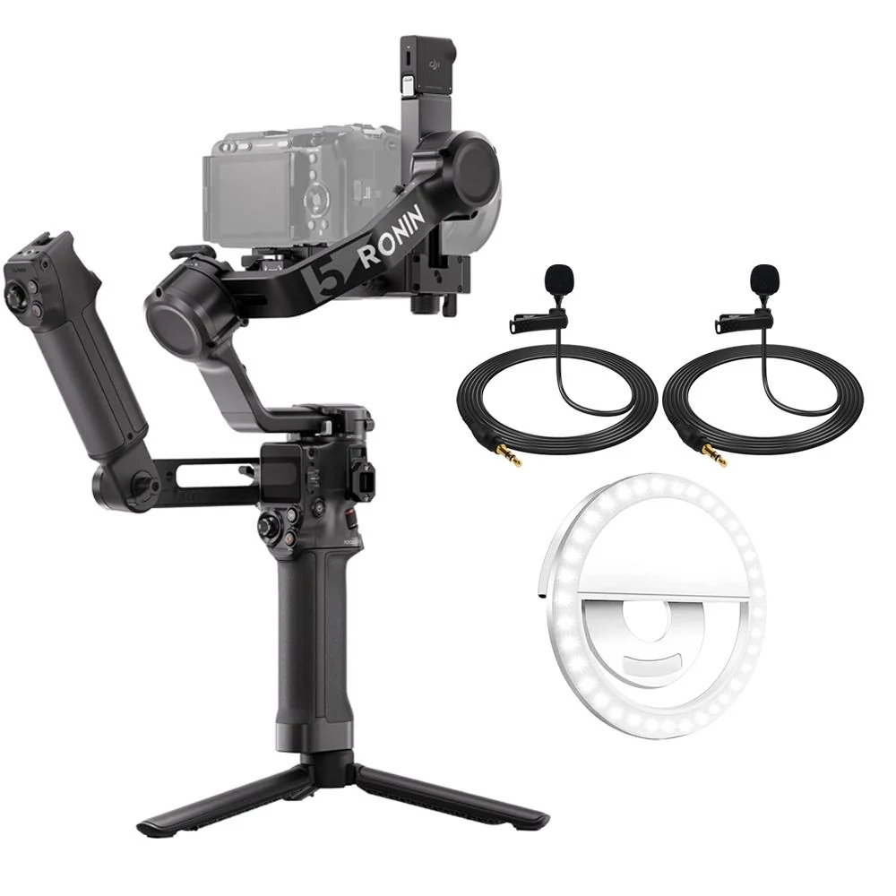 DJI RS 5 Combo Camera Stabilizer + 2x Clip-On Lapel Mic + Smartphone Ring Light