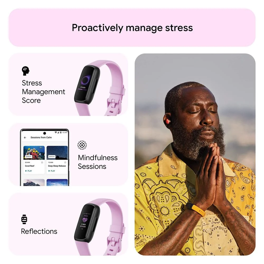 Fitbit Inspire 3 Health & Fitness Tracker, Lilac Bliss/Black w/ 2 YR Warranty Bundle - Image 4