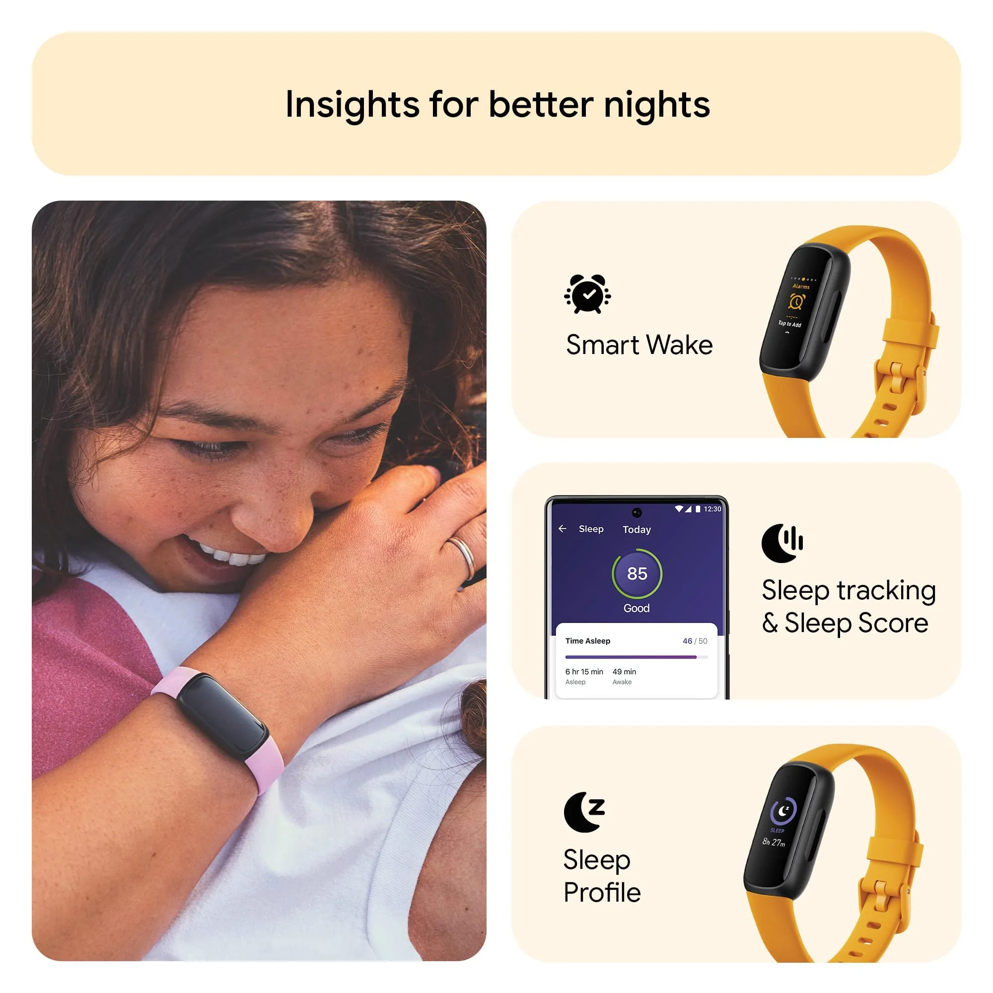 Fitbit Inspire 3 Health & Fitness Tracker, Morning Glow / Black - Image 5