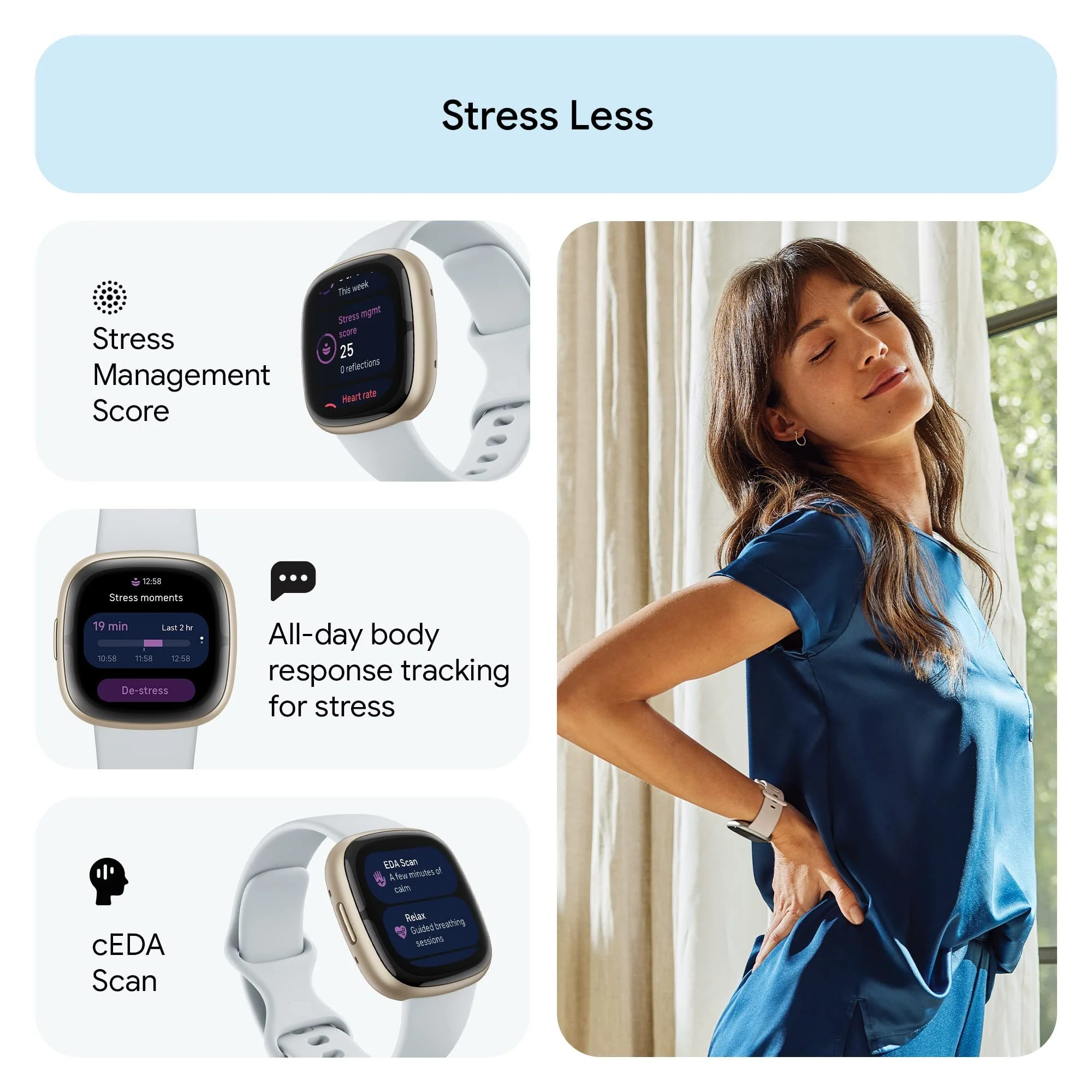 Fitbit Sense 2 Advanced Health & Fitness Smartwatch, Blue Mist / Soft Gold Aluminum - Image 2
