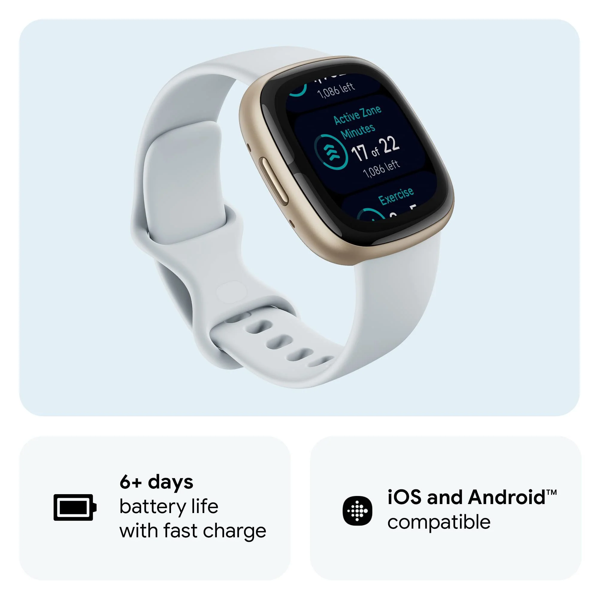 Fitbit Sense 2 Advanced Health & Fitness Smartwatch, Blue Mist / Soft Gold Aluminum - Image 7
