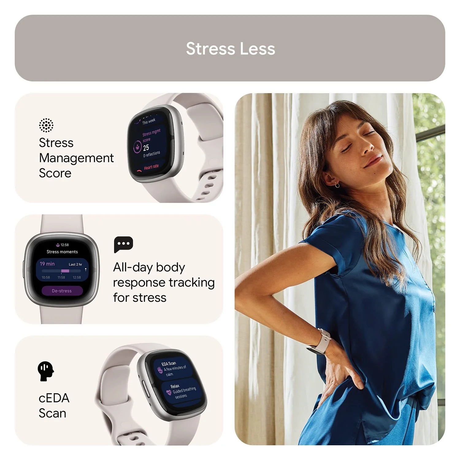 Fitbit Sense 2 Advanced Health & Fitness Smartwatch, Sleep Tools - Lunar White/Platinum - Image 2