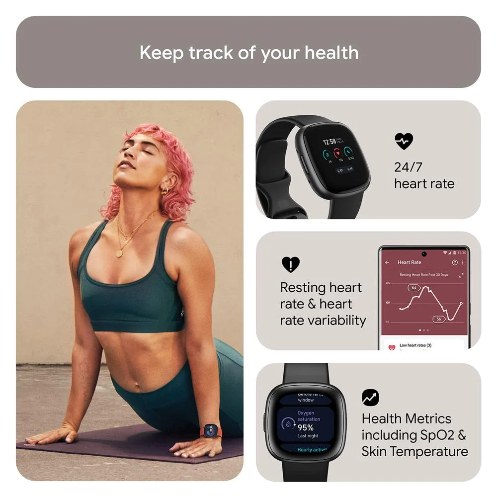 Fitbit Versa 4 Fitness Smartwatch w GPS, Black/Graphite + 2 YR Warranty Bundle - Image 5