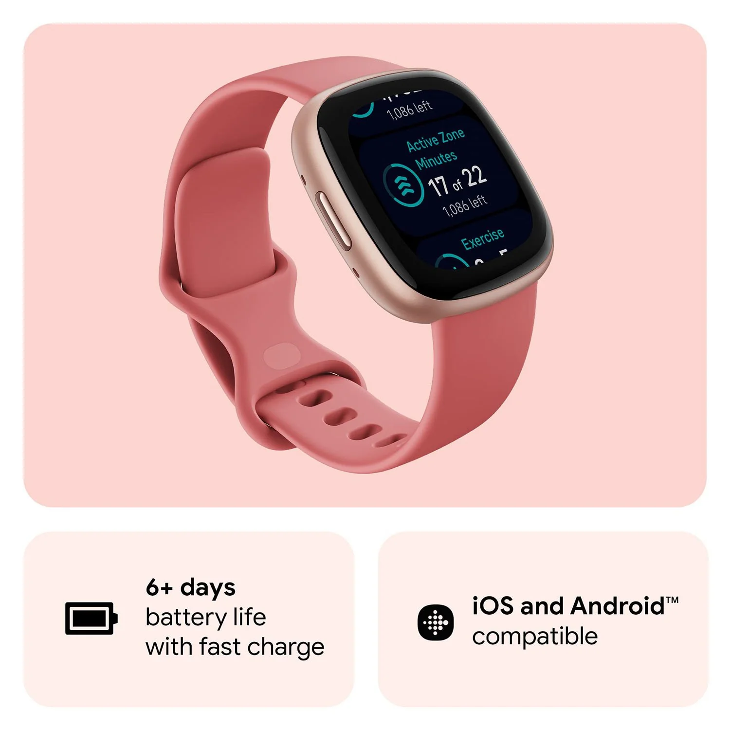 Fitbit Versa 4 Fitness Smartwatch with GPS, 24/7 Heart Rate - Pink Sand/Copper Rose - Image 6