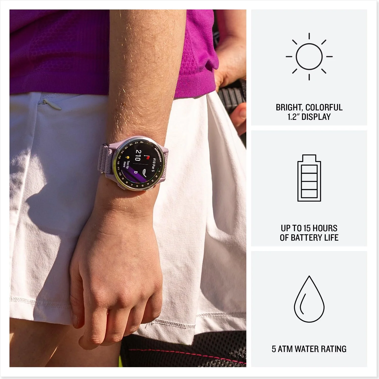 Garmin Approach J1 Silver Aluminum Bezel with Lilac ComfortFit Fabric Band - Image 3