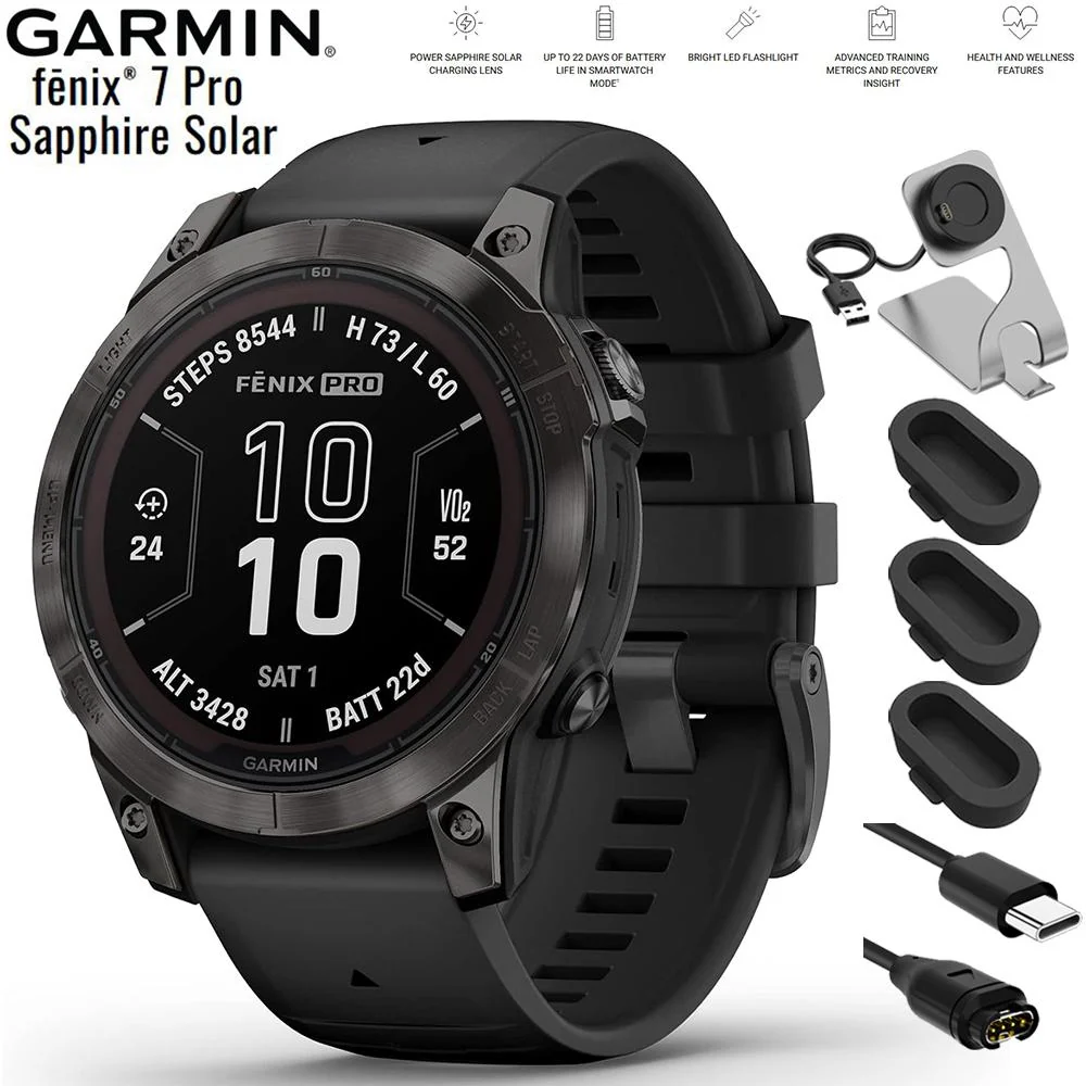 Garmin fenix 7 Pro Sapphire Solar, GPS Smartwatch Black + Charging Dock Bundle